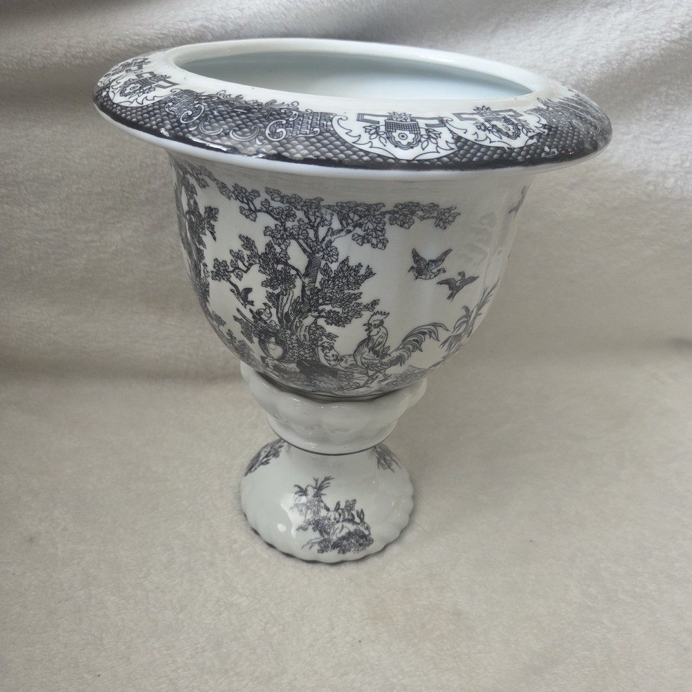 Porcelain Black & White Pedestal Transfer Planter Pot 11" Chinoiserie Toile